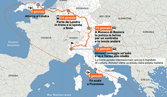 Il percorso del viaggio di Almasri in Europa concluso con l'arresto in Italia e il successivo rimpatrio in Libia Il percorso del viaggio di Almasri in Europa concluso con l'arresto in Italia e il successivo rimpatrio in Libia