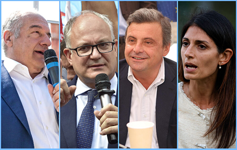 I candidati sindaci di Roma Michetti, Gualtieri, Calenda e Raggi. I primi due al ballottaggio 1l 18 e 18 ottobre