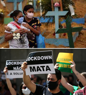 Le due facce della Pandemia. Il cimitero dei morti di Covid19 a Manaus e una manifestazione antilockdown