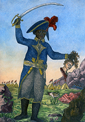 Il generale Jean-Jacques Dessalines raffiguarato con la spada sollevata da una parte, mentre con l'altra regge la testa mozzata di una donna bianca