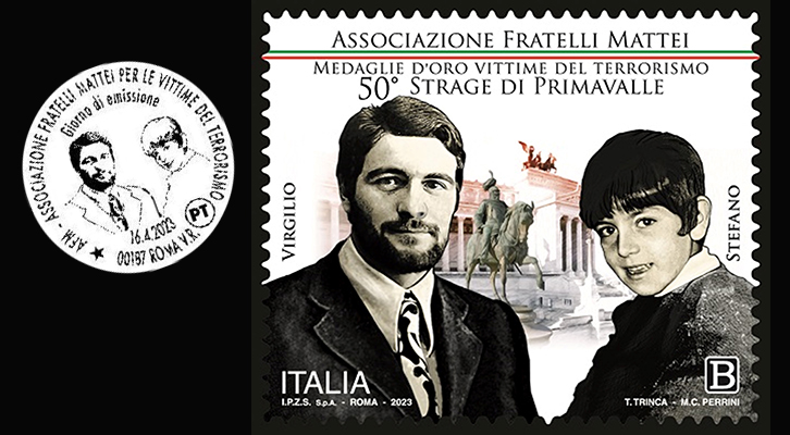 Il francobollo commemorativo di Stefano e Virgilio Mattei emesso da Poste Italie in occasione del 50° del Rogo di Primavalle